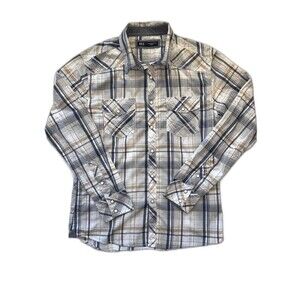 BKE Men’s Medium Blue Plaid Pearl Snap Western Shirt Athletic Fit Stretch Knit